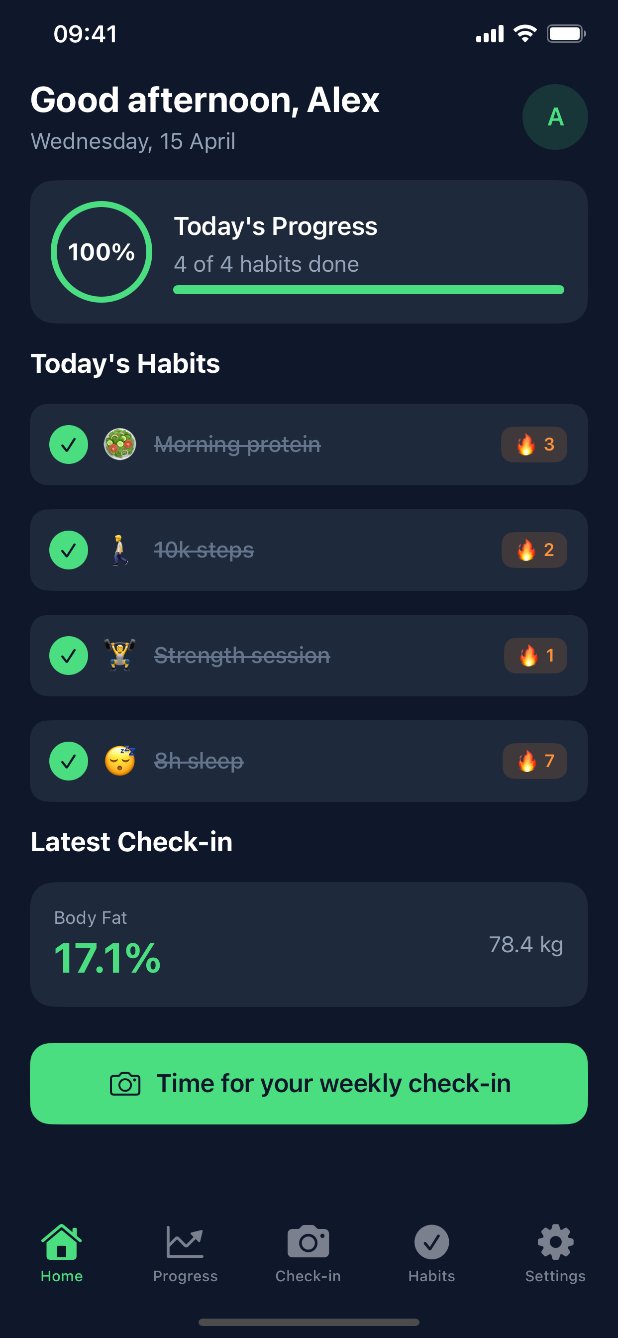 Home screen showing today's habits, progress ring and latest check-in