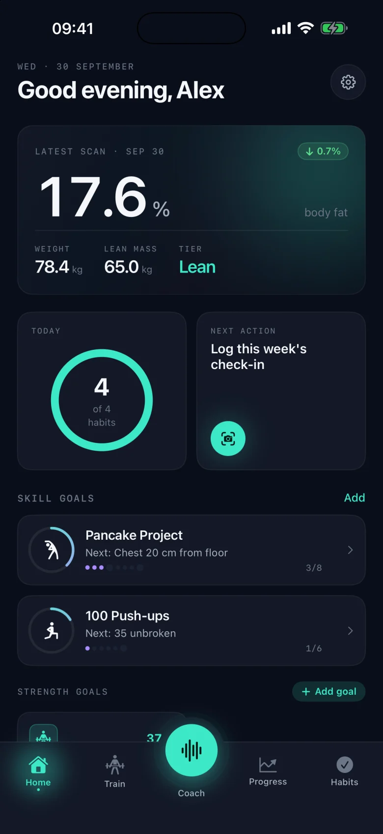 TransformAI Home screen: latest body-fat scan, weight and lean mass, today's habits ring and skill goals