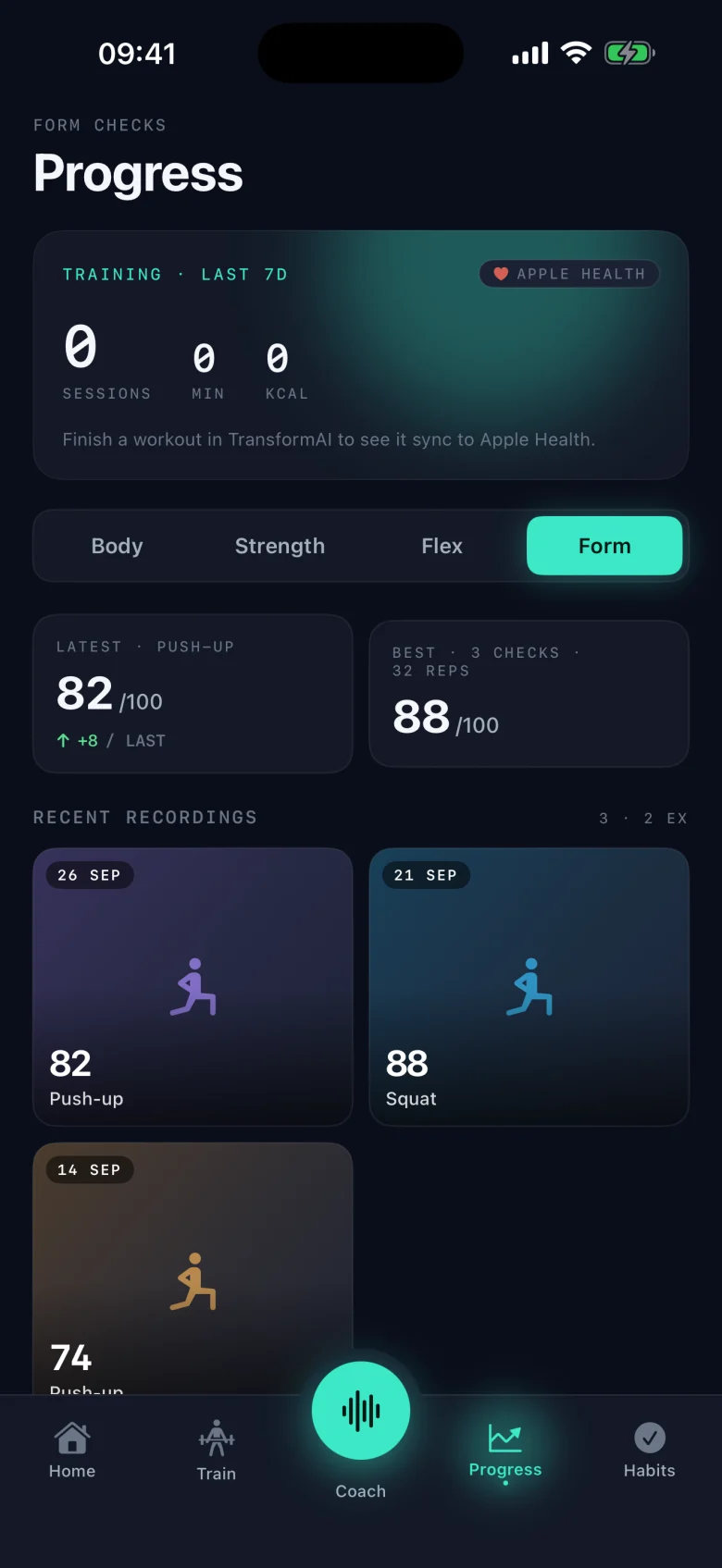 Progress, Form segment: latest and best form-check scores with recent recordings