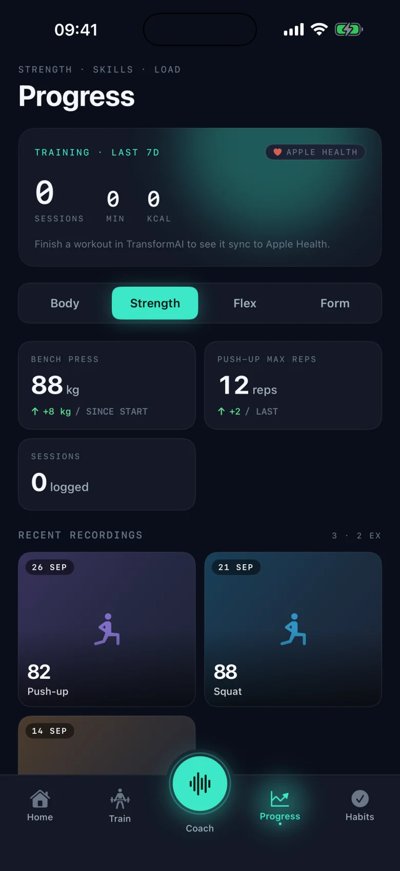 Progress, Strength segment: bench press estimate, push-up max reps and recent recordings
